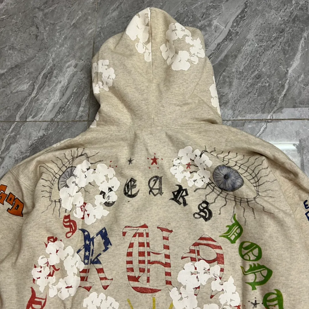 DENIM TEARS × ©SAINT M×××××× "SAINT TEARS" Graffiti Hoodie 22ss co-branded cotton graffiti hoodie, full printed washed distressed hole Vintage sweatshirt, gray S-XL, super heavy duty! The whole piece is printed with 35 screens and counterpoint printing!